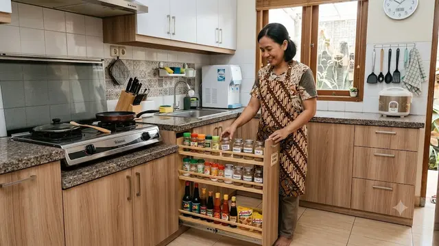 Ide Dapur dengan Rak Piring Tarik dan Tempat Bumbu Tersembunyi