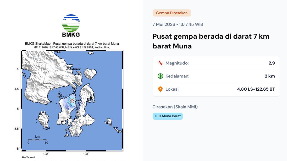 Gempa Magnitudo 2,9 Guncang Muna, Sulawesi Tenggara, Kamis Sore