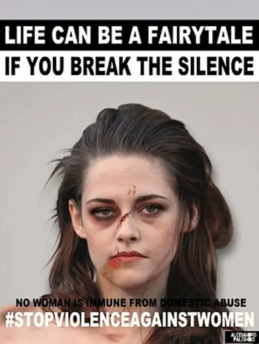 Aktris Kristen Stewart ditampilkan dengan wajah lebam seperti habis dipukul. Foto yang diedit itu pun diberi tulisan yang memotivasi wanita untuk melawan tindak kekerasan. (dailymail.co.uk)