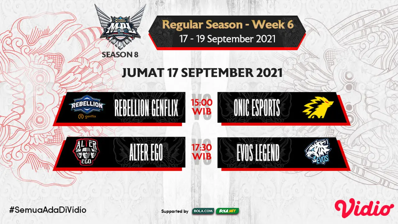 Link Live Streaming MPL ID Season 8 di Vidio Pekan Keenam Hari Pertama, 17 September 2021