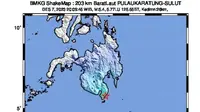 Gempa bumi mengguncang wilayah Laut Sulawesi, Kepulauan Sangihe, Sulawesi Utara pada Kamis (7/12/ 2023). Gempa bermagnitudo 5,6 itu terjadi pada pukul 20.09.44 WIB.  (BMKG)