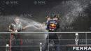 Pembalap Red Bull Racing, Max Verstappen, melakukan selebrasi setelah memenangkan balapan seri ke-12 Formula 1 GP Belgia 2023 di Sirkuit Spa-Francorchamps, Stavelot, Belgia, Minggu (30/7/2023). (AP Photo/Geert Vanden Wijngaert)