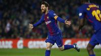 Lionel Messi merayakan gol yang dicetak ke gawang Girona. (AP Photo/Manu Fernandez)