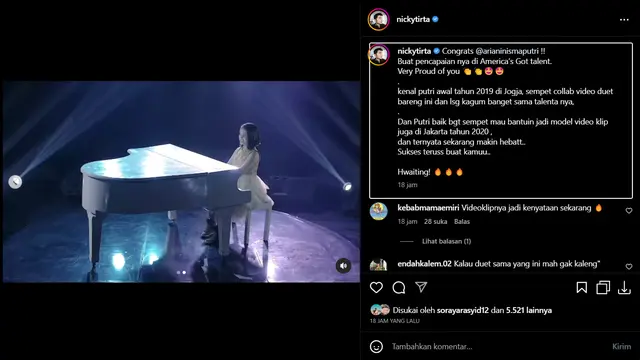 Nicky Tirta Ikut Bangga Atas Pencapaian Putri Ariani di America's Got Talent, Video Klip 2020 Lalu Kini Jadi Kenyataan. (instagram.com/nickytirta)