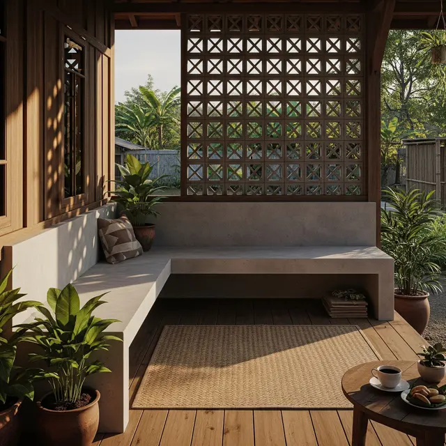 9 Model Teras Rumah Desa dengan Kursi Cor Minimalis yang Nyaman, Menciptakan Ketenangan