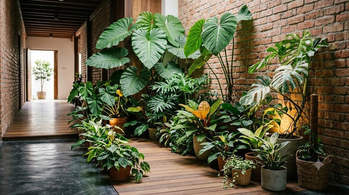 Ide Taman Mini di Lorong Rumah dengan Tanaman Berdaun Lebar