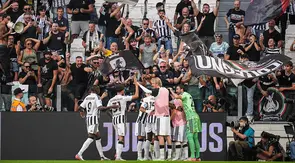 Skuad Juventus merayakan gol Francisco Conceicao ke gawang Atalanta, Minggu (20/9/2026) (Marco Alpozzi/LaPresse via AP)