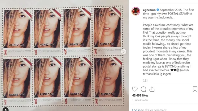 Prangko bergambar wajah Agnez Mo (Instagram/ https://www.instagram.com/p/B2rqXtBpj_u/)