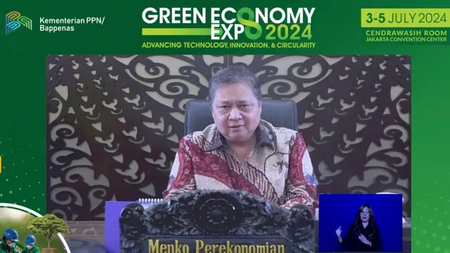 Menko Bidang Perekonomian Airlangga Hartarto dalam sambutannya secara virtual pada pembukaan Green Economy Expo 2024, yang mengangkat tema “Advancing Technology, Innovation, and Circularity. (Kemenko Bidang Perekonomian)