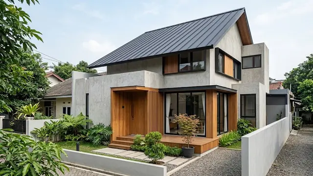Atap Miring Gelap dengan Fasad Beton dan Kayu
