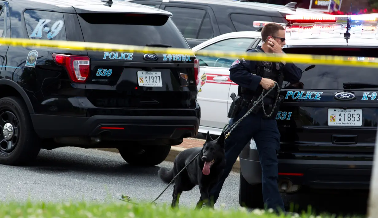 Polisi satwa atau K9 menelusuri lokasi kejadian setelah penembakan brutal di kantor surat kabar lokal di Annapolis, AS, Kamis (28/6). Polisi belum diketahui motif di balik aksi penembakan yang dilakukan di koran Capital Gazette itu. (AP/Jose Luis Magana)