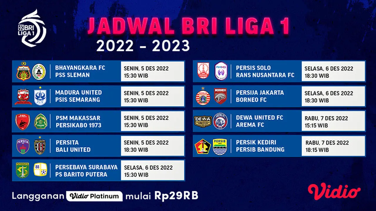 Link Live Streaming BRI Liga 1 2022 Pekan 12 di Vidio, 6 dan 7 Desember : 5 Laga Siap Tanding