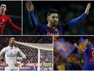 Berikut ini Lionel Messi dan 9 pencetak gol terbanyak di liga top Eropa (Italia, Inggris, Spanyol, Prancis dan Jerman) pada tahun 2016. (AFP-Reuters)
