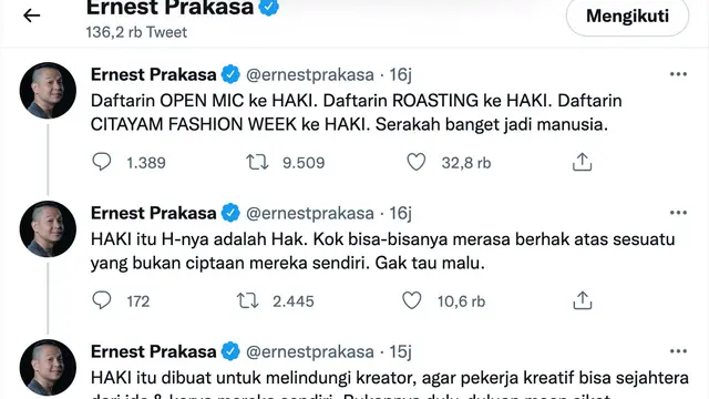 Cuitan Ernest Prakasa. (Foto: Instagram @ernestprakasa)