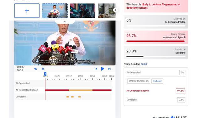 Video klaim Mentan Amran Sulaiman menyampaikan bantuan dana menunjukkan hasil AI. (Foto: tangkapan layar Hive Moderation)