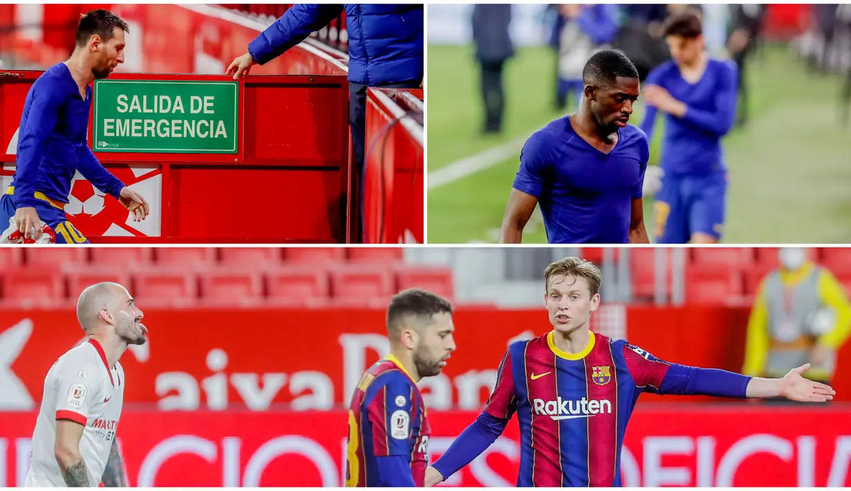 Para pemain Barcelona tak mampu menutupi kekecewaan usai digilas Sevilla pada laga leg pertama semifinal Copa del Rey. Berikut reaksi Lionel Messi dkk usai dipermalukan Sevilla dua gol tanpa balas.