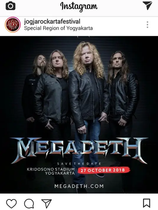 Meski tengah menjalani jadwal tur yang pada di Eropa dan Amerika, band yang digawangi Dave Mustaine ini akan hadir di Stadion Krisdosono, Yogyakarta. (instagram/rajawaliindonesiacomm)