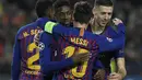1. Barcelona - Lionel Messi dan kolega berpotensi mencatatkan sejarah baru. Tim Catalan tersebut berpotensi menjadi tim pertama yang meraih treble winner sebanyak tiga kali dalam musim ini. (AFP/Lluis Gene)
