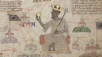 Mansa Musa duduk di atas takhta dan memegang koin emas (Wikipedia/Public Domain)