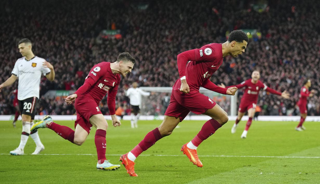 Pemain Liverpool, Cody Gakpo melakukan selebrasi setelah mencetak gol pertama timnya ke gawang Manchester United pada laga pekan ke-26 Liga Inggris 2022/2023 melawan Manchester United di Anfield, Liverpool, Senin (06/03/2023) WIB. The Reds berhasil menang dengan skor 7-0 yang dicetak oleh Cody Gakpo 43', 50'), Darwin Nunez (47', 75'), Mohamed Salah (66', 83'), dan Roberto Firmino (88'). (AP Photo/Jon Super)