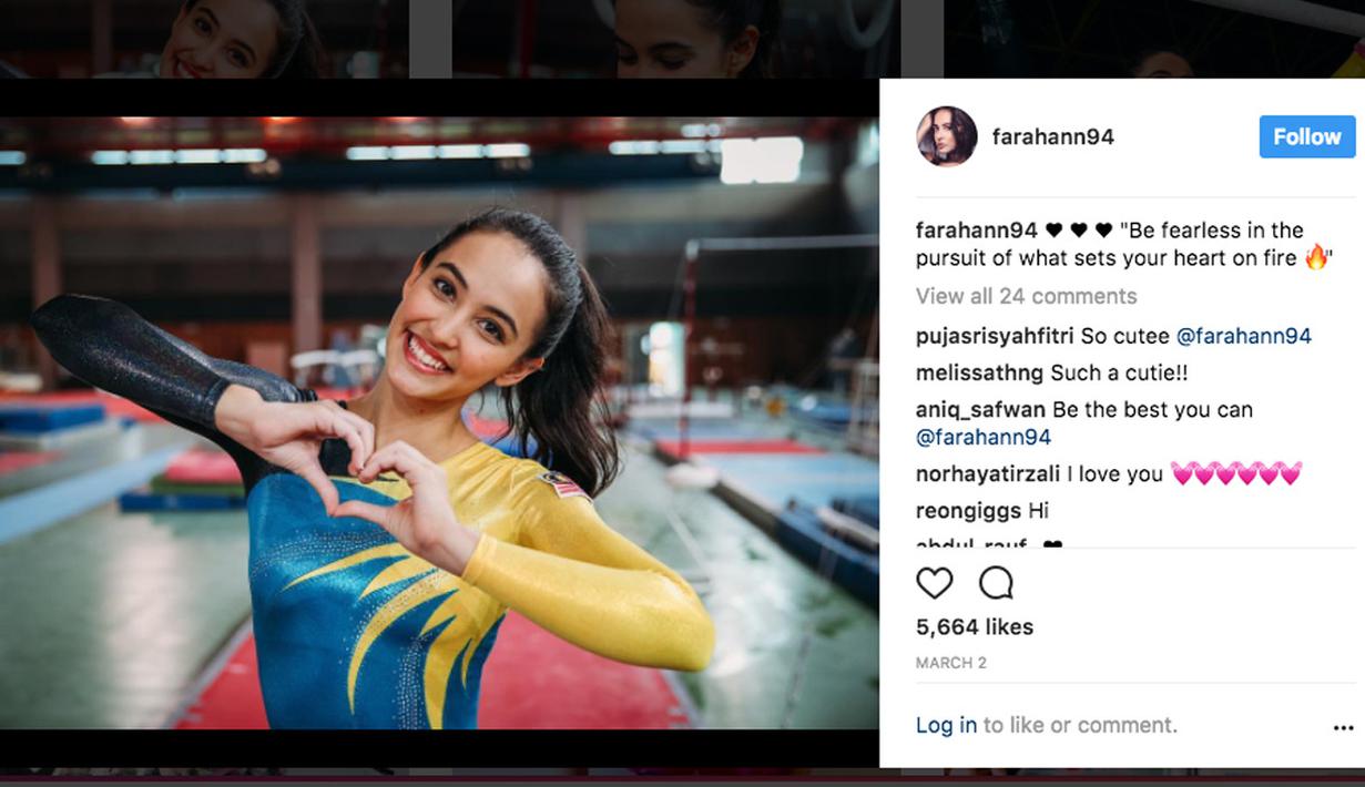 Kecintaanya terhadap senam membuat wanita kelahiran Subang Jaya, Selangor, 3 Mei 1994 ini bertekad menyumbangkan medali untuk Malaysia pada SEA Games 2017. (Instagram/Farah Ann)