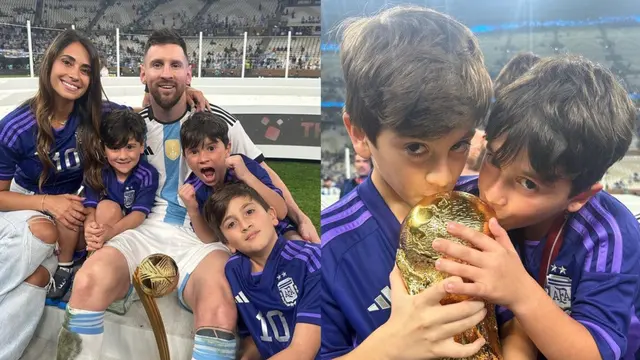 Lionel Messi bersama istrinya, Antonella Roccuzzo dan anak-anak mereka