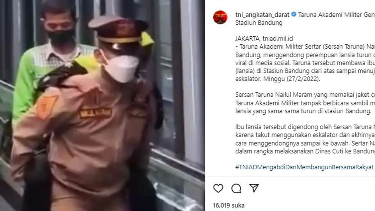 Taruna Akademi Militer (Akmil) Sersan Taruna Nailul Maram tengah menggendong seorang nenek.