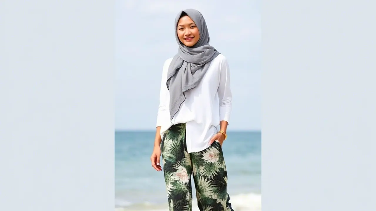 Inspirasi Outfit Hijab: Kaos Polos + Celana Wide Pants Motif