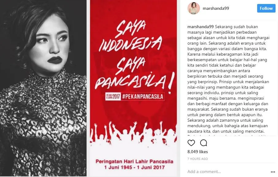 Marshanda mengunggah gambar Saya Indonesia Saya Pancasila (Instagram/@marshanda99)