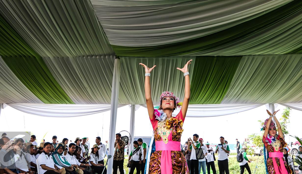Tarian daerah menyambut pembukaan kegiatan penanaman 300 pohon di Intercharge Subang KM. 109 Tol Cipali, Sabtu (19/3). Penanaman pohon bersama PT. LMS selaku pengelola Tol Cipali telah menanam lebih dari 30 ribu pohon. (Liputan6.com/Fery Pradolo)