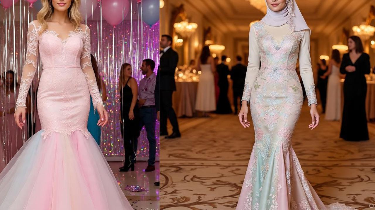Ilustrasi Long Dress Brokat Pastel Model Mermaid
