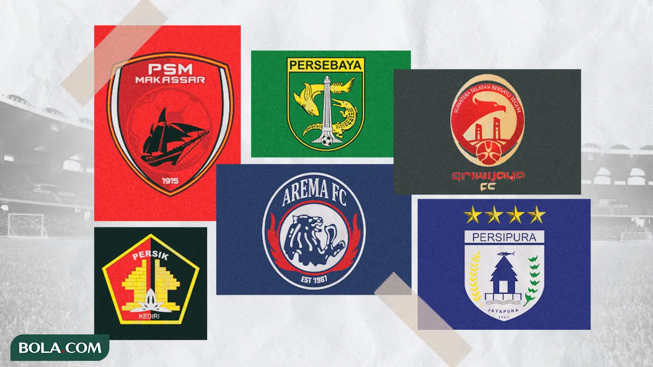 Kolase - Logo Klub PSM Makassar, Persik Kediri, Persebaya Surabaya, Arema FC, Sriwijaya FC, Persipura Jayapura