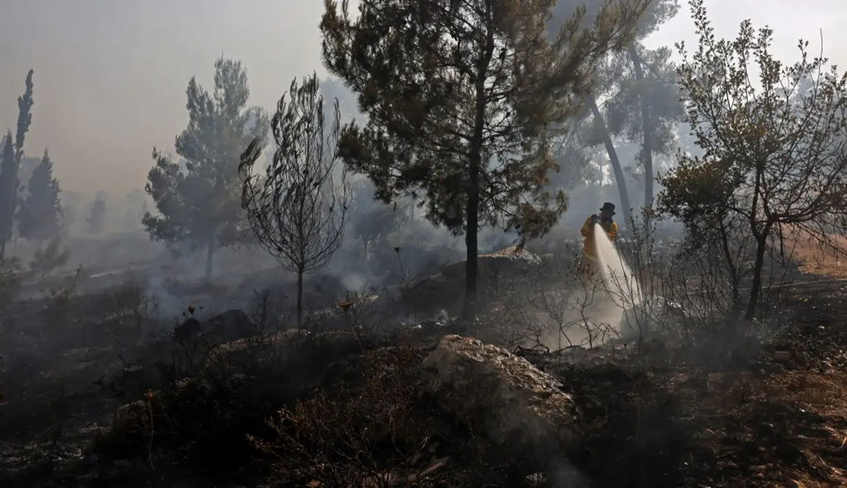 Seorang petugas pemadam kebakaran memadamkan kebakaran hutan di dekat kibbutz Maale Hahamisha di daerah desa Arab-Israel Abu Ghosh dekat Yerusalem, Israel, Rabu (9/6/2021). Kebakaran hebat di pinggiran Yerusalem melumpuhkan lalu lintas. (Menahem KAHANA/AFP)