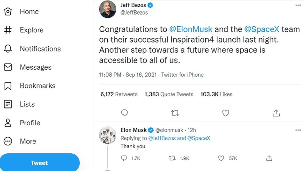 Tweet ucapan selamat Jeff Bezos atas keberhasilan SpaceX dan Elon Musk membawa empat warga sipil ke luar angkasa (Tangkapan Layar Twitter)