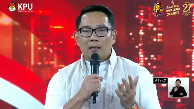 Cagub Ridwan Kamil dalam debat perdana Pilkada Jakarta 2024, Minggu (6/10/2024) di JIExpo Kemayoran, Jakarta Pusat.