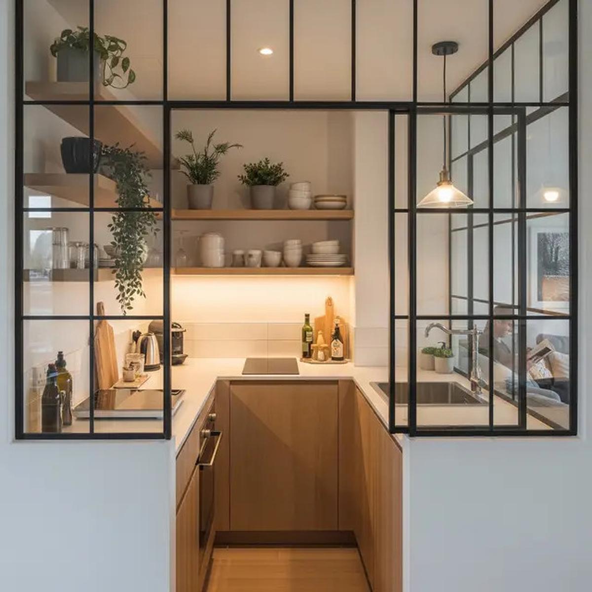 7 Model Dapur Kecil dengan Tanaman Hijau di Belakang dan Sekat Minimalis