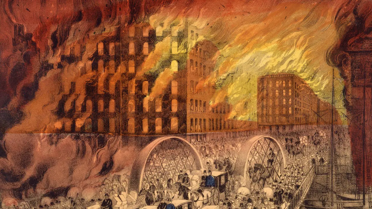 Ilustrasi kebakaran hebat di Chicago pada 1871