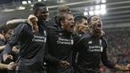 Para pemain Liverpool merayakan gol Daniel Origi (kiri)  saat melawan Southampton pada laga perempat final Piala Liga Inggris di Stadion St. Mary's, Southampton, Kamis (3/12/2015) dini hari WIB. (AFP Photo/Adrian Dennis)