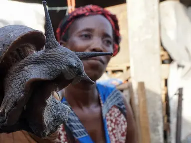 Penjual memperlihatkan sebuah siput yang dijualnya di sebuah pasar di Abidjan, Pantai Gading, Kamis (16/3). Siput menjadi salah satu hewan yang biasa dikonsumsi di daerah tersebut. (AFP PHOTO / ISSOUF Sanogo)