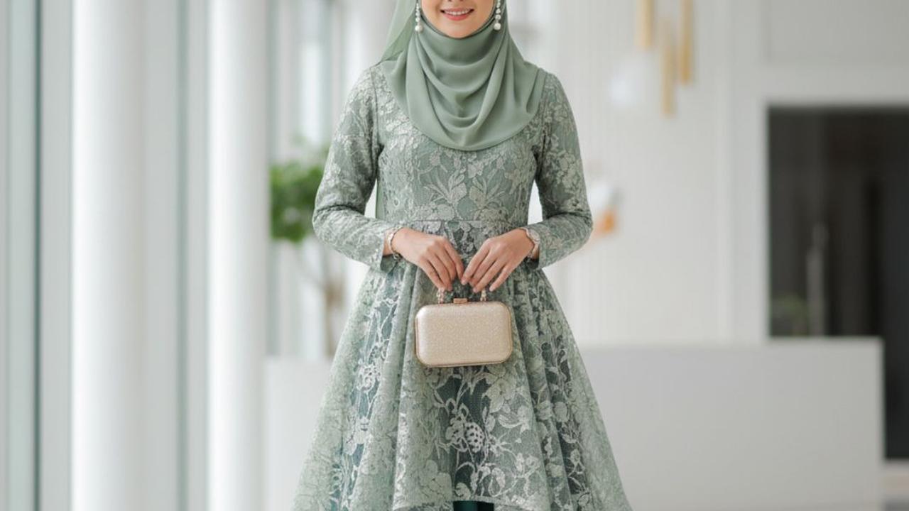8 Inspirasi Gamis Brokat Islami Warna Sage, Ciptakan Tampilan Simpel hingga Glamor Teristimewa