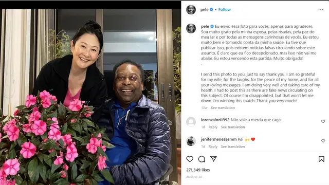 Unggahan Pele Berterima Kasih kepada Sang Istri Selama Menjalani Masa Kemoterapi Kanker Usus Besar