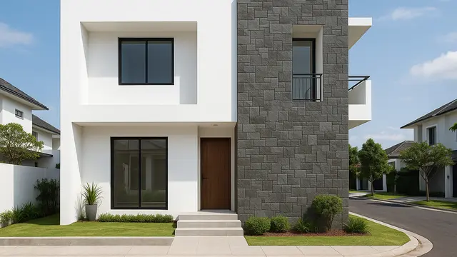 Desain Rumah dengan Fasad Putih dan Aksen Batu Andesit/via Chat GPT