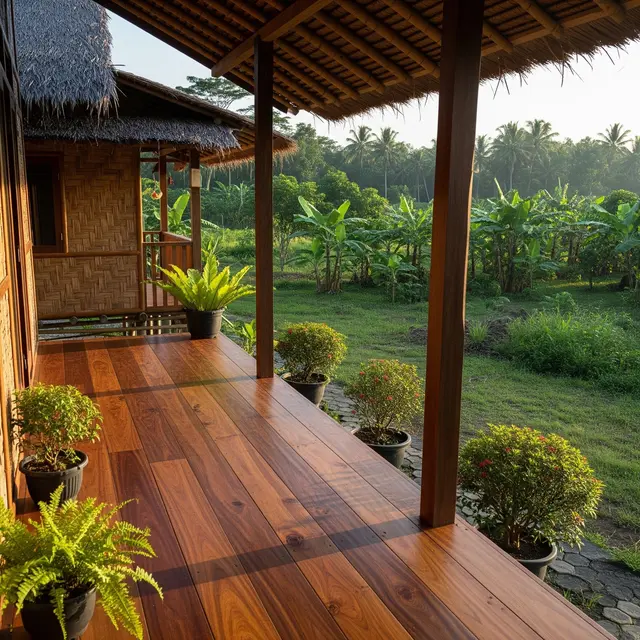 Perpaduan Lantai Teras Motif Kayu dengan Rumah Desa Sederhana