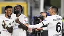 Pemain Spezia, M'Bala Nzola (kedua kiri) merayakan setelah mencetak gol ke gawang Inter Milan pada pertandingan lanjutan Liga Serie A Italia di Stadion Alberto Picco di La Spezia, Italia, Sabtu (11/3/2023). Kemenangan ini membuat Spezia kini beraada di urutan ke-17 dengan 24 poin. (Tano Pecoraro./LaPresse via AP)