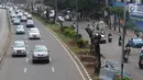 Kendaraan melintas di samping-pohon-pohon yang telah dipangkas di kawasan Sudirman, Jakarta, Jumat (9/3). Jalur hijau yang menjadi pembatas antara jalur cepat dan jalur lambat akan dihilangkan. (Liputan6.com/Arya Manggala)