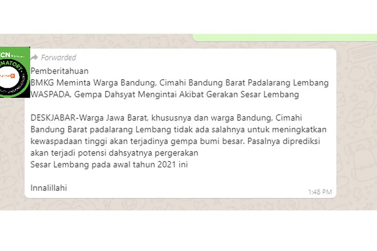 Cek Fakta Liputan6.com menelusuri informasi potensi gempa dasyat pergerakan Sesar Lembang pada awal 2021