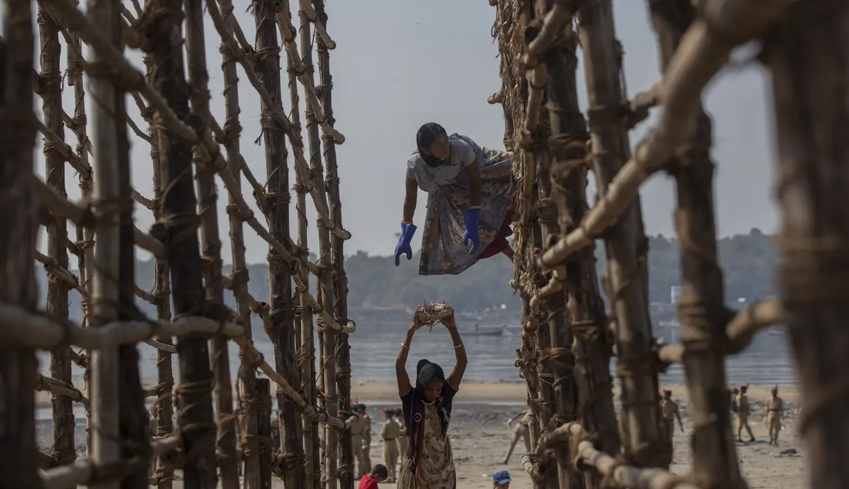 Seorang nelayan wanita mengeluarkan ikan dari struktur yang terbuat dari tiang bambu setelah dijemur di sebuah koloni nelayan di Mumbai, India, Rabu (29/12/2021). (AP Photo/Rafiq Maqbool)