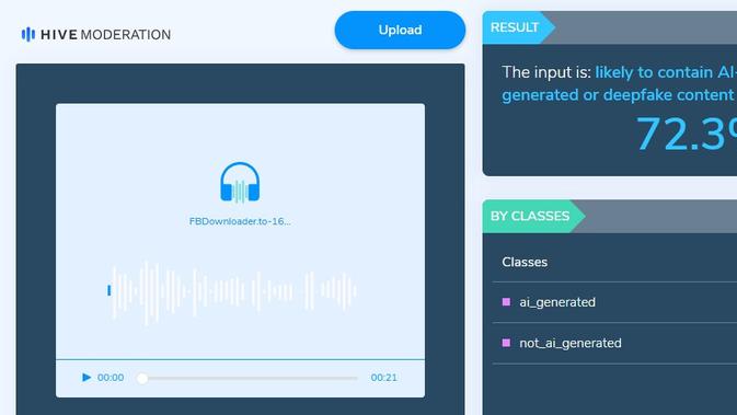 Audio dalam video klaim Menkeu Purbaya mengenai dana bantuan bansos UMKM menunjukkan deepfake atau hasil AI. (Foto: tangkapan layar Hive moderation)