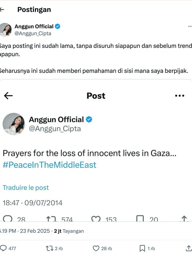 Klarifikasi Anggun soal tudingan pro Israel. (Foto: Dok. Twitter @Anggun_Cipta)