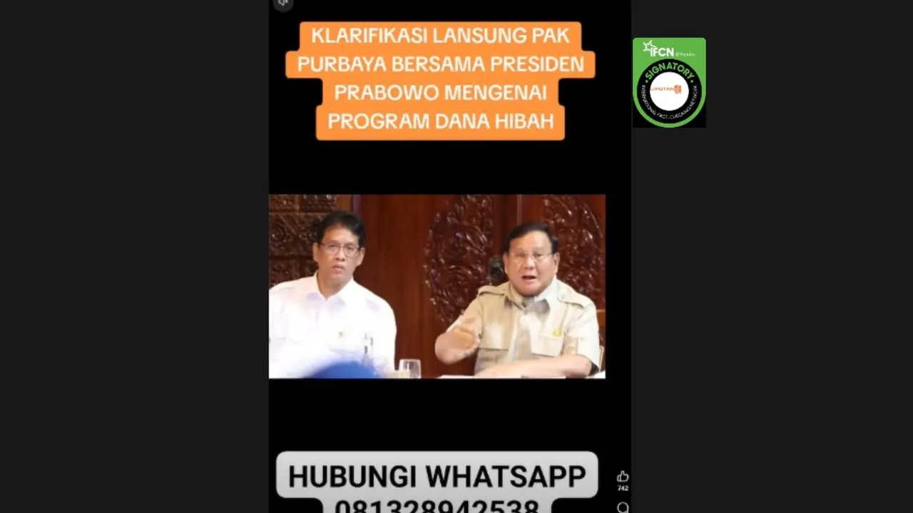 Cek Fakta Liputan6.com mendapati klaim video Presiden Prabowo Subianto dan Menkeu Purbaya Yudhi Sadewa mengumumkan bantuan dana hibah.